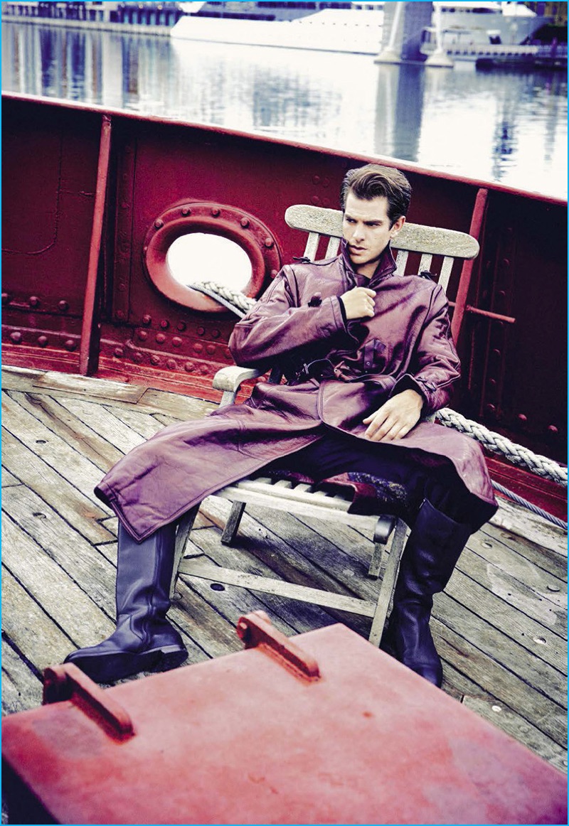 Andrew Garfield rocks a leather Bottega Veneta trench coat for L'Uomo Vogue.