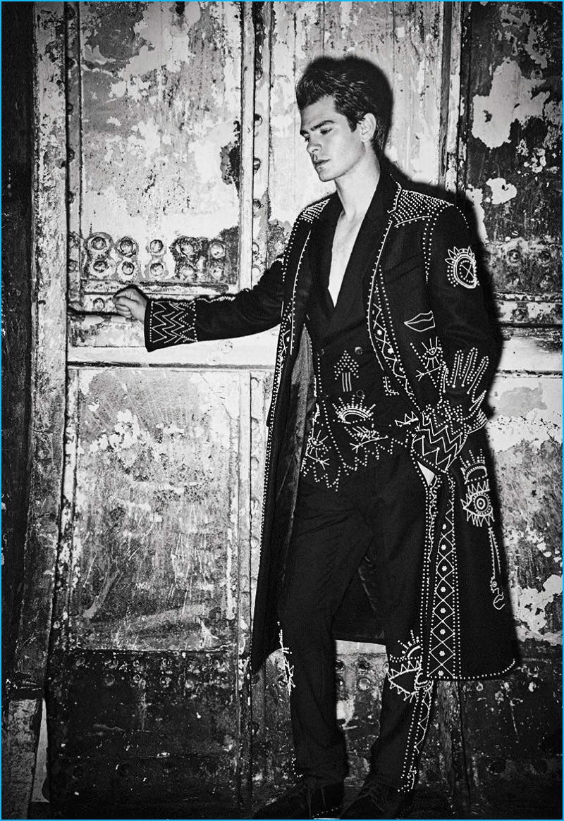 Andrew Garfield has a dandy moment in a black Valentino ensemble for L'Uomo Vogue.