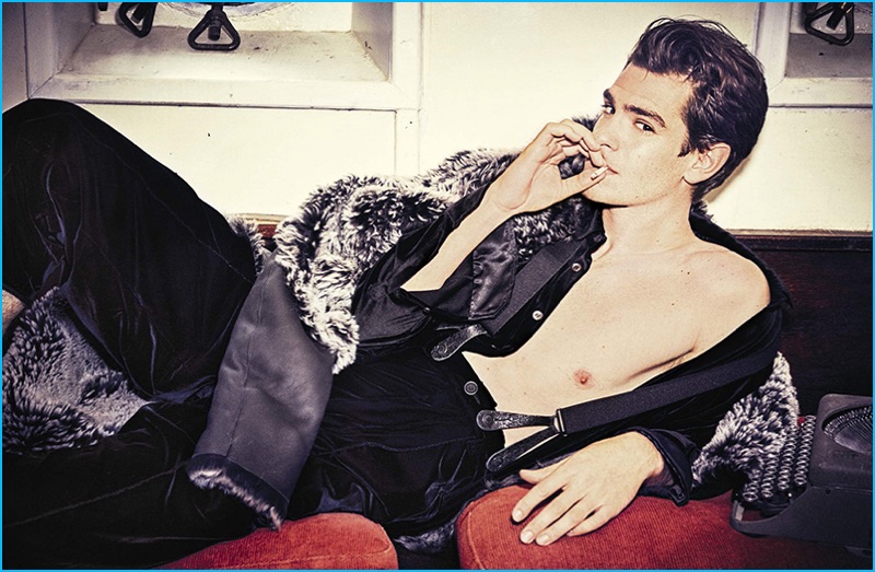 Andrew Garfield pictured in a luxurious look from Giorgio Armani for L'Uomo Vogue.