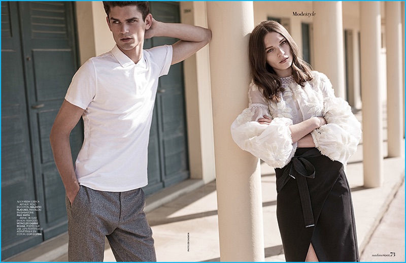 Arthur Gosse pictured alongside Anna Brewster in smart separates from Paul Smith for Madame Figaro.