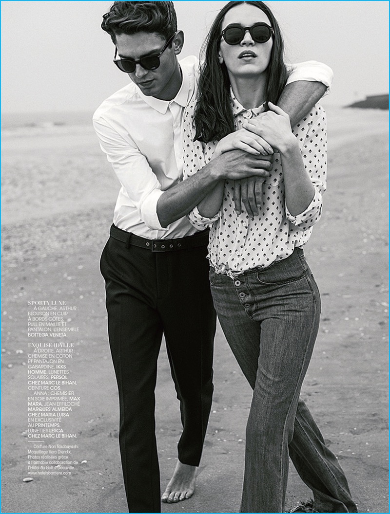 Wearing an IKKS Homme look with Persol sunglasses, Arthur Gosse is pictured with Anna Brewster for Madame Figaro.
