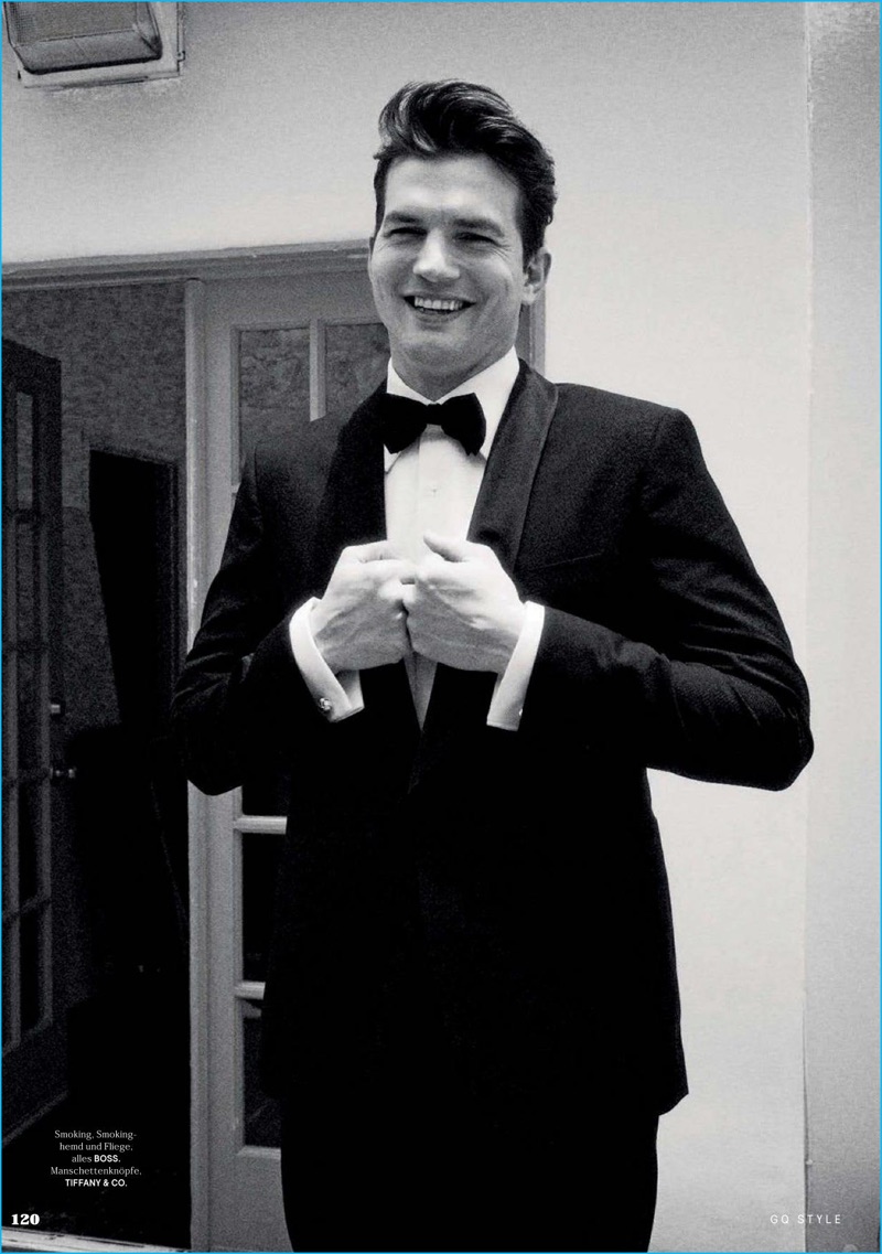 Ashton Kutcher is all smiles in a formal BOSS Hugo Boss tuxedo for GQ Style Germany.