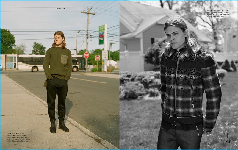 Left to Right: Michael Bailey-Gates wears Rag & Bone sweater with nylon pocket, cotton engineer jeans, and suede lace-up boots. Michael wears Kolor buffalo check jacket, cotton flannel shirt, and wool flannel trousers.