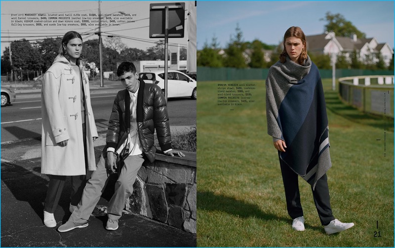 Left to Right: Michael Bailey-Gates wears Margaret Howell duffle coat, wool-blend sweater, and flannel trousers with Common Projects leather sneakers. Omar Ahmed wears Visvim cotton and down kimono coat, shirt, full-leg trousers, and suede sneakers. Michael wears Barena Venezia wool blanket stripe shawl, cashmere blend sweater, and wool-blend trousers with Common Projects leather sneakers.