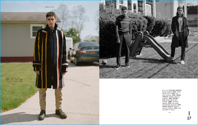 Left to Right: Omar Ahmed wears Sacai striped shearling coat, shirt and trousers. Omar wears Officine Generale alpaca sweater, cotton flannel shirt and wool trousers with Common Projects leather high top sneakers. Michael Bailey-Gates wears Massimo Alba double-faced wool topcoat, cashmere sweater, and cotton cashmere trousers with Common Projects leather sneakers.