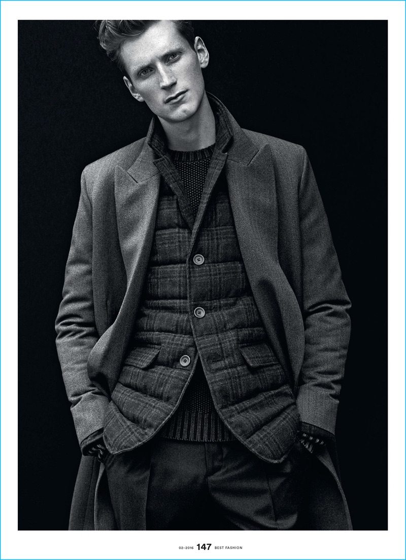 Bastiaan Ninaber sports a quilted jacket under a single-breasted coat for Men's Health Germany Best Fashion.