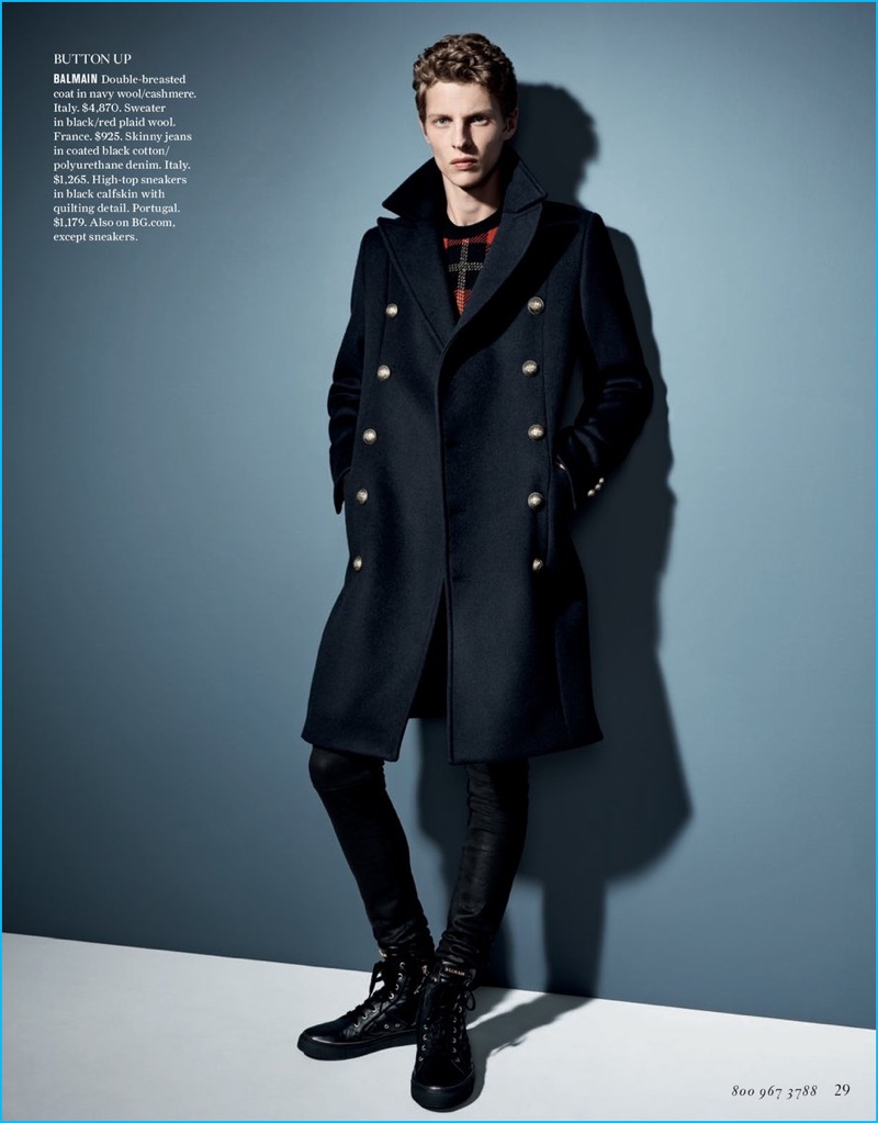 Tim Schuhmacher dons a double-breasted coat from Balmain for Goodman's Guide.