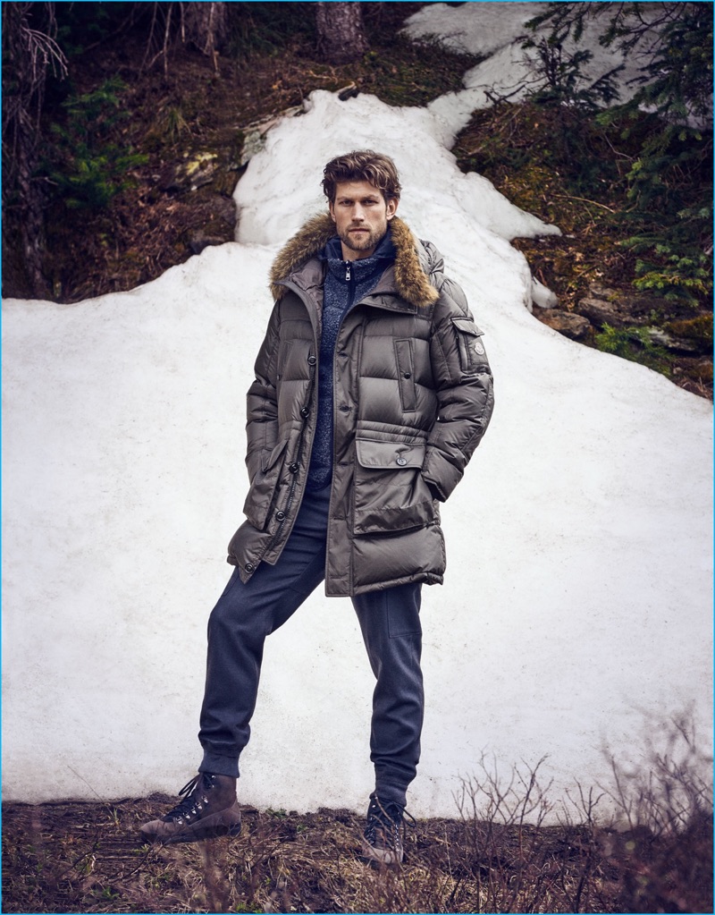 Jan Trojan braces the elements in a fall-winter 2016 look from French fashion brand Moncler.