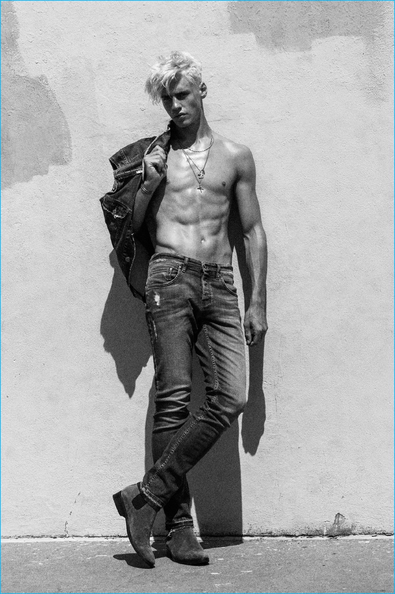 Oliver Stummvoll goes shirtless in denim for Bowen's spring-summer 2017 campaign.