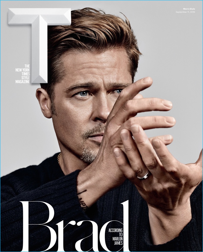 Brad Pitt covers the fall 2016 men's fashion issue of T magazine.