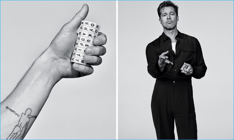 Brad Pitt pictured in a Sandro shirt, Rick Owens tank, and Giorgio Armani trousers for T magazine.