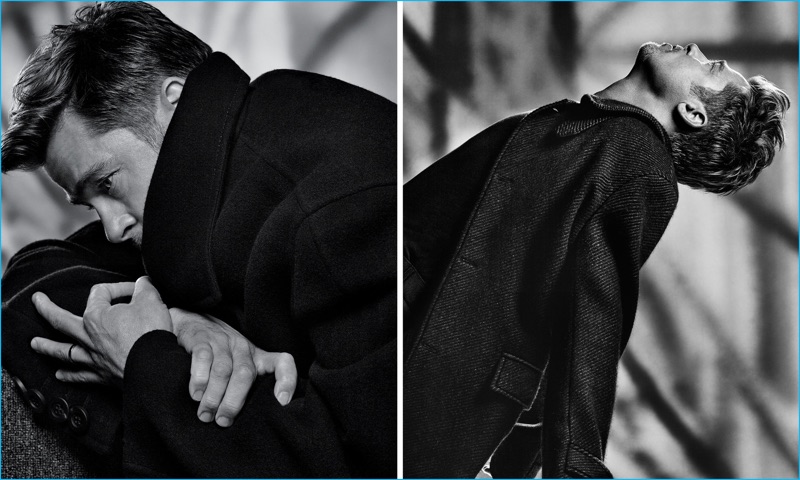 Left to Right: Brad Pitt wears a Burberry coat. Pitt wears Ralph Lauren coat with Giorgio Armani t-shirt.