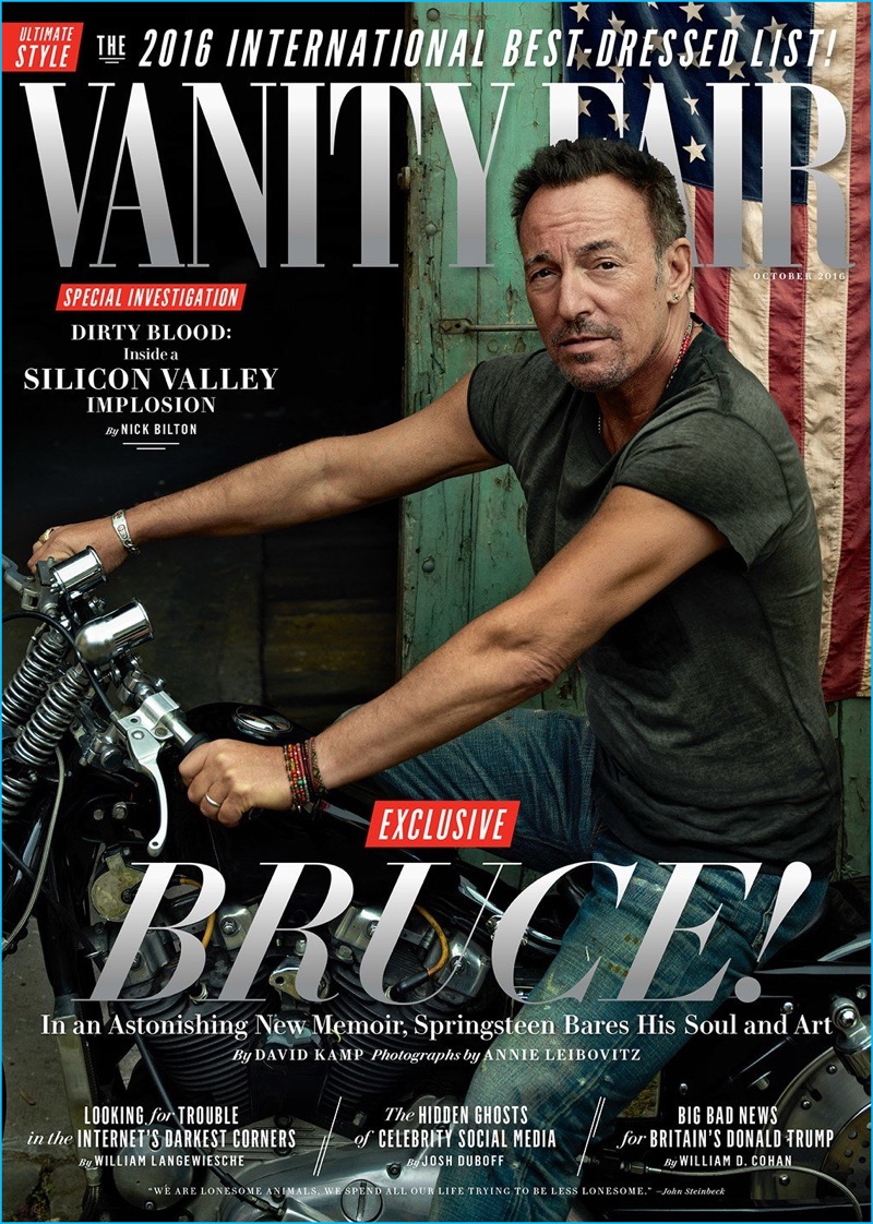 Bruce Springsteen poses on a motorcycle for the October 2016 cover of Vanity Fair.