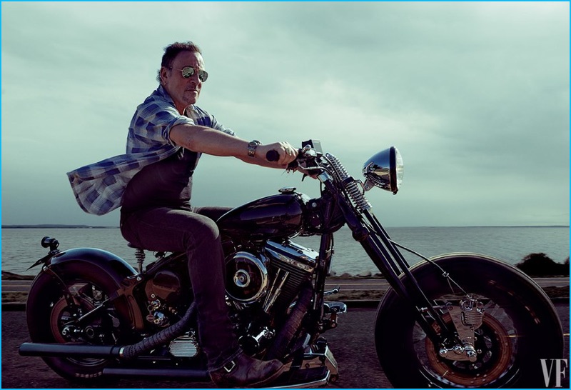 Bruce Springsteen takes to the open road on the back of a motorcycle for his Vanity Fair shoot.