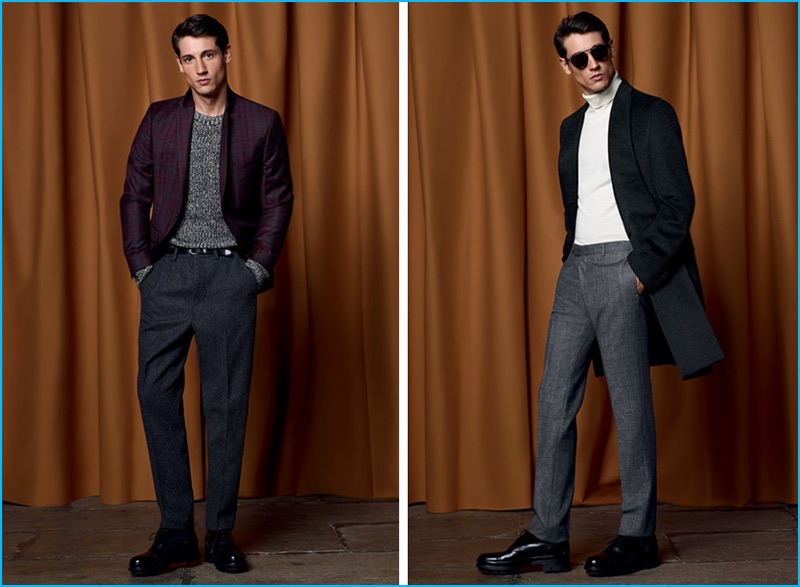 Nicolas Ripoll embraces smart tailoring in mix and match pieces that include a check sports coat, single-breasted coat and pleated trousers from Brummell's fall-winter 2016 collection.