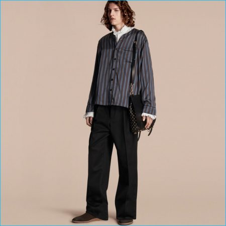 Burberry 2016 Mens Runway Collection Pyjama Stripe Silk Cotton Collarless Shirt