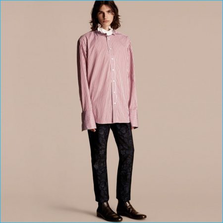 Burberry 2016 Mens Runway Collection Ruff Collar Striped Cotton Shirt