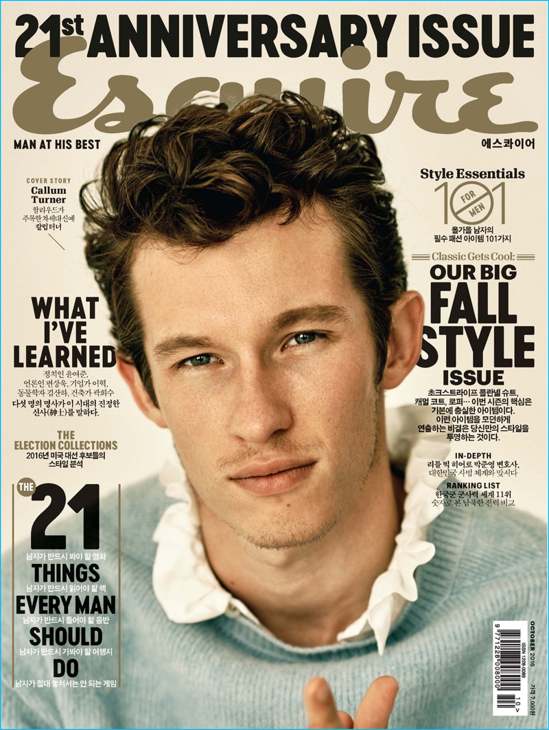 Callum Turner covers Esquire Korea in a ruffle shirt and cashmere sweater from Burberry.