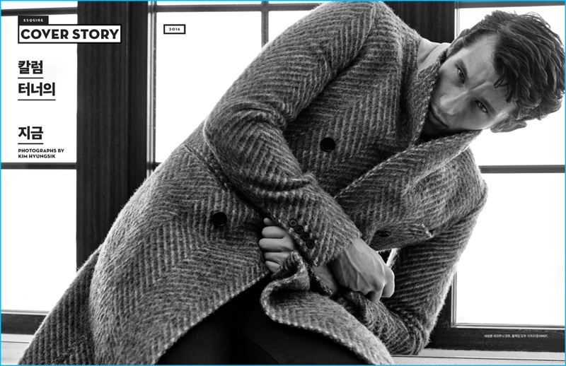 Callum Turner dons a sharp Burberry coat for his Esquire Korea photo shoot.