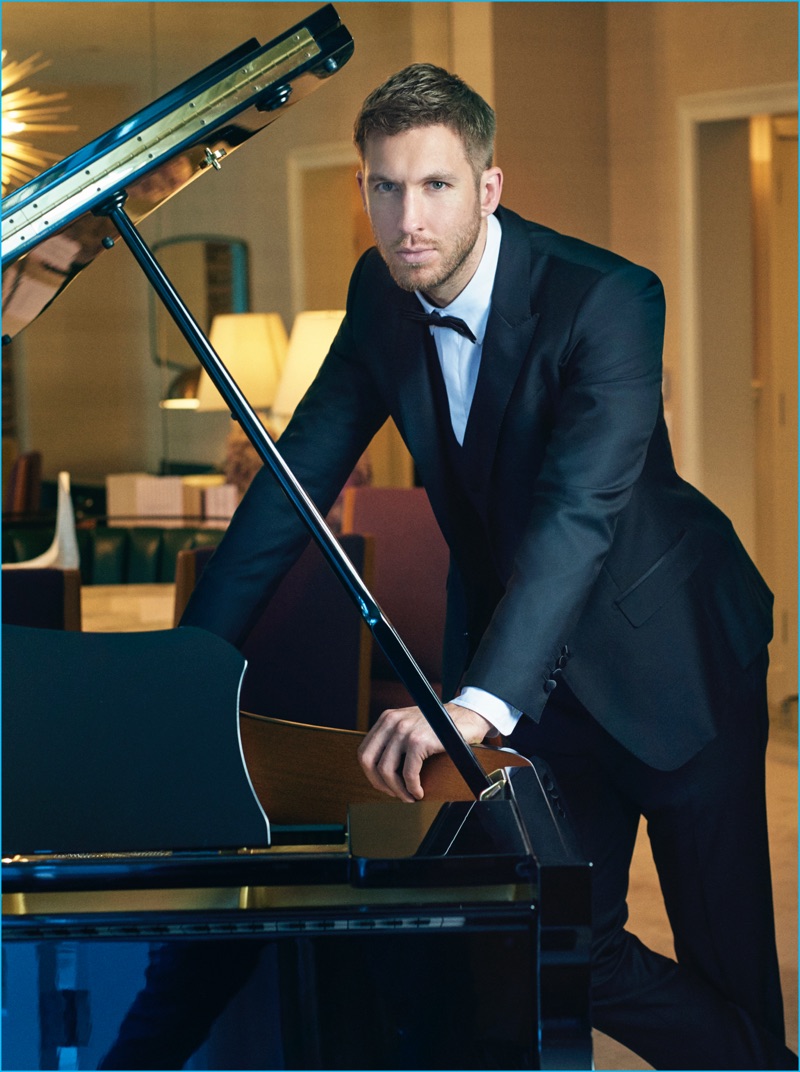 Calvin Harris dons a tuxedo from Dolce & Gabbana for British GQ.