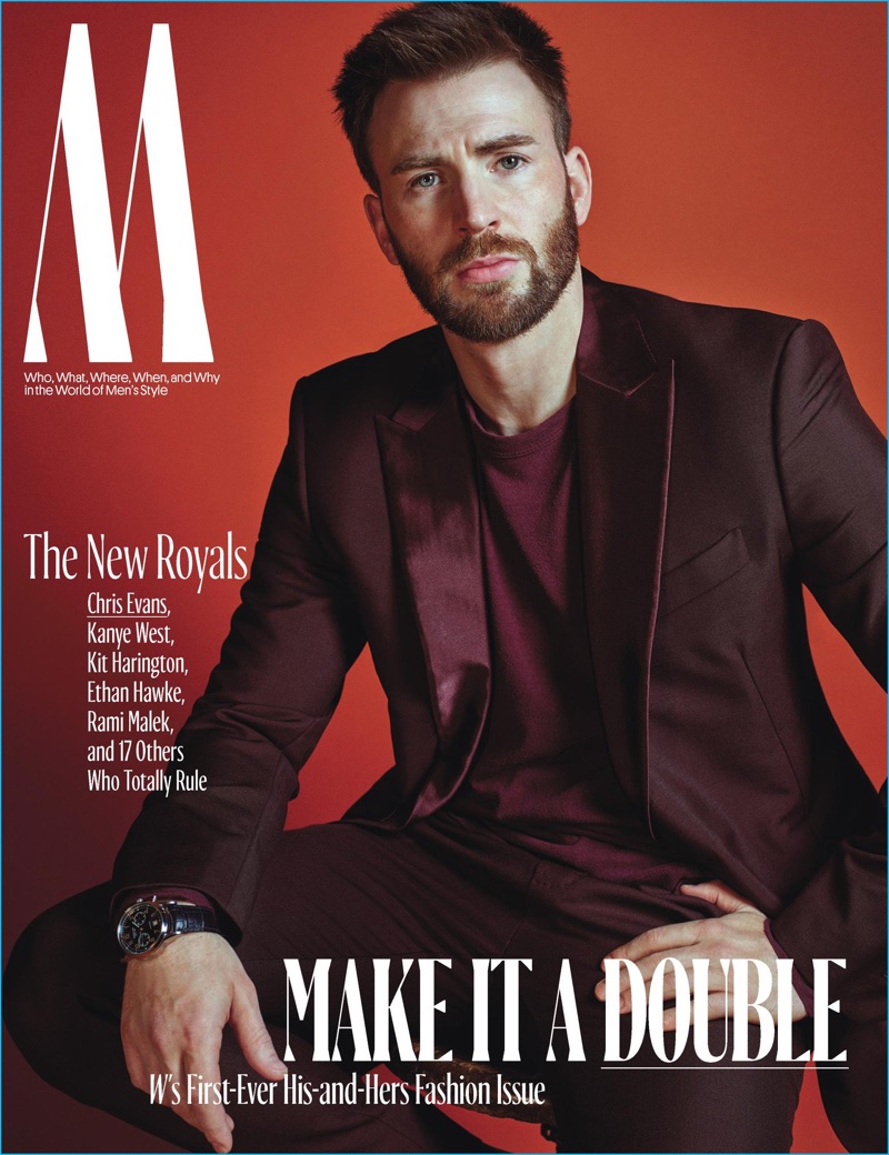 Chris Evans covers W magazine in a Berluti tuxedo with a Simon Miller t-shirt.