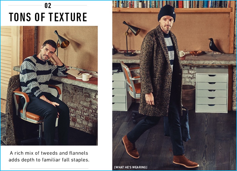 Christopher Barnard wears striped herringbone sweater White Mountaineering, tweed double-breasted coat Tomorrowland, wool trousers CAMO, beanie Norse Projects, reversible tote Miansai, and suede split toe boots Grenson.