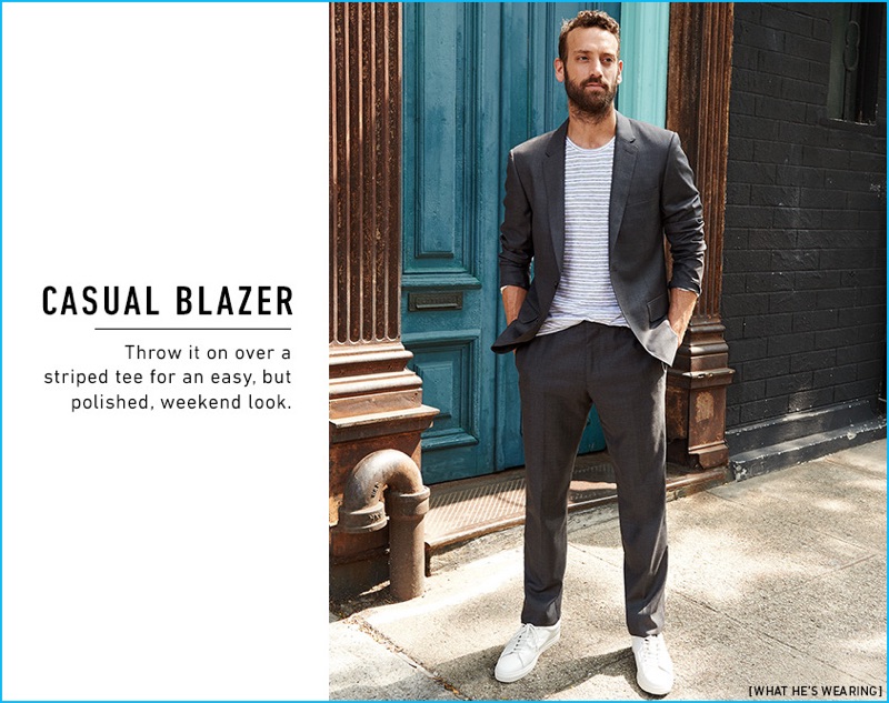 Matthew Avedon dons a Club Monaco suit and stripe tee with Zespa white leather sneakers.