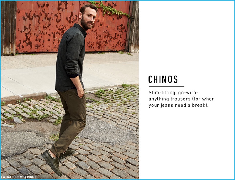 Matthew Avedon pictured in a Club Monaco herringbone button-down shirt and chinos with black Zespa leather sneakers.