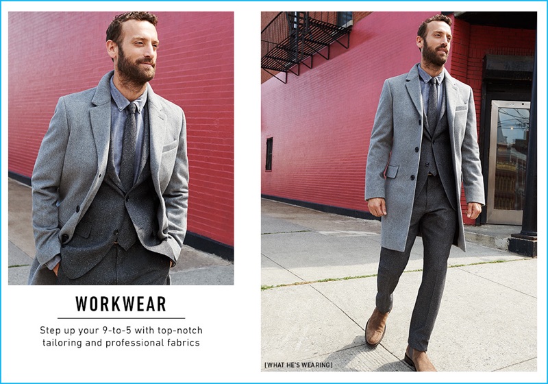 Matthew Avedon wears a Club Monaco herringbone suit, cashmere topcoat, and herringbone button-down shirt with an Alexander Olch herringbone tie, Maximum Henry belt, and George Brown BILT suede chelsea boots.