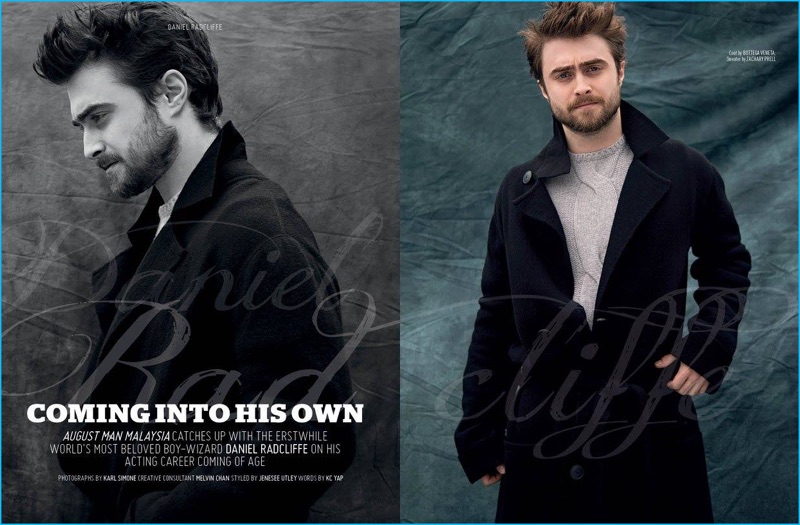 Daniel Radcliffe pictured in a Bottega Veneta coat with a Zachary Prell cable knit sweater for August Man Malaysia.