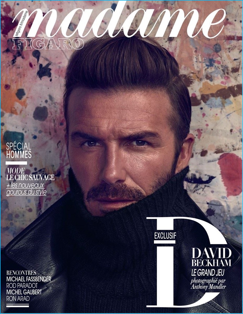 David Beckham covers Madame Figaro, wearing a Ralph Lauren Purple Label turtleneck sweater with a Tom Ford leather biker jacket.