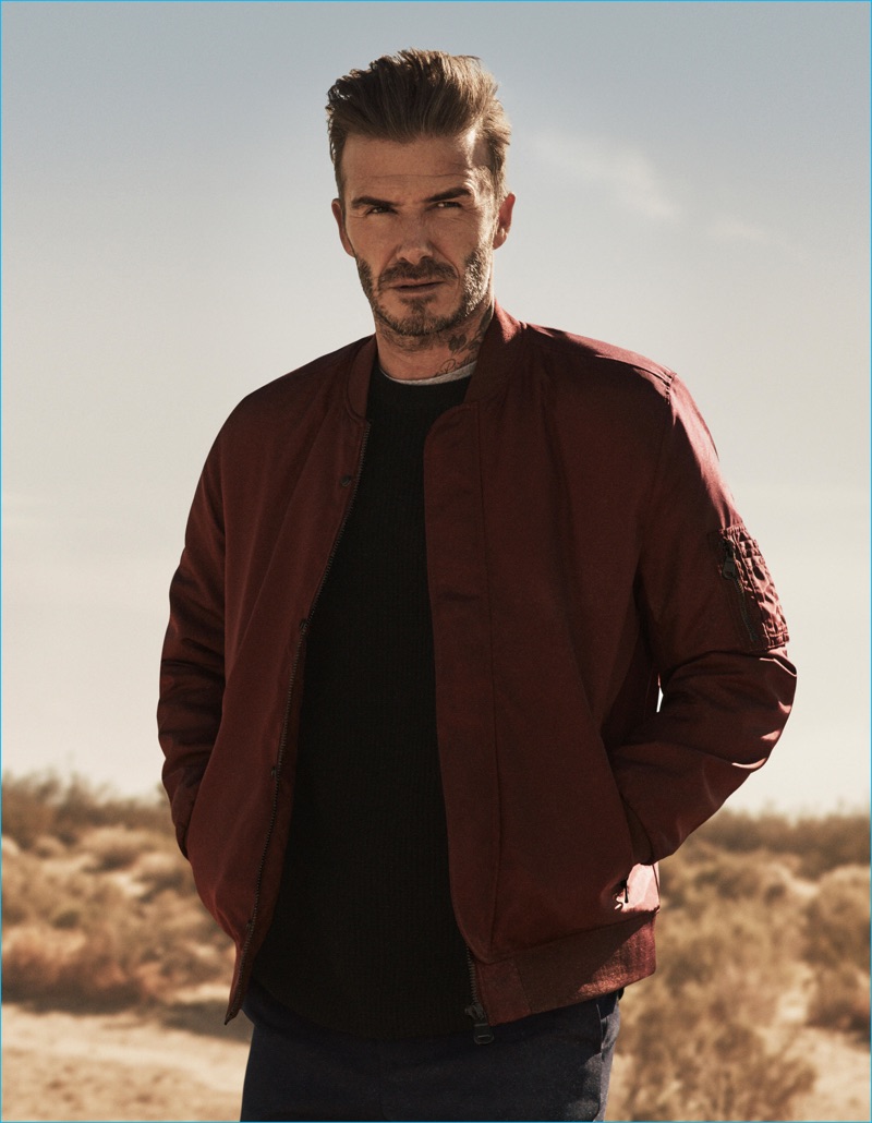 David Beckham sports a burgundy bomber jacket for H&M's fall-winter 2016 Modern Essentials campaign.