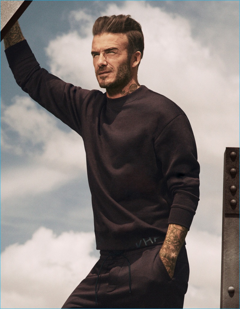 David Beckham pictured in a sweatshirt and joggers from David Beckham Bodywear for H&M.