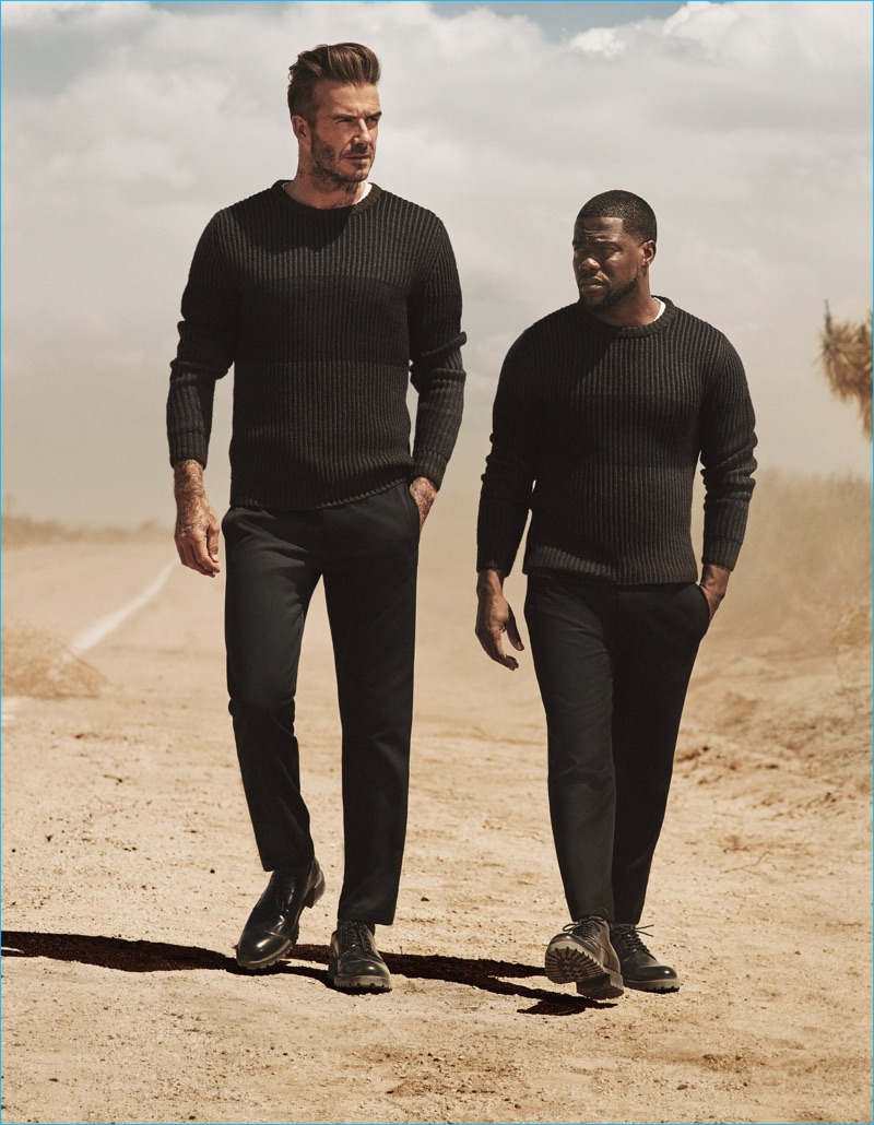 David Beckham and Kevin Hart wear matching outfits from H&M's fall-winter 2016 Modern Essentials collection.