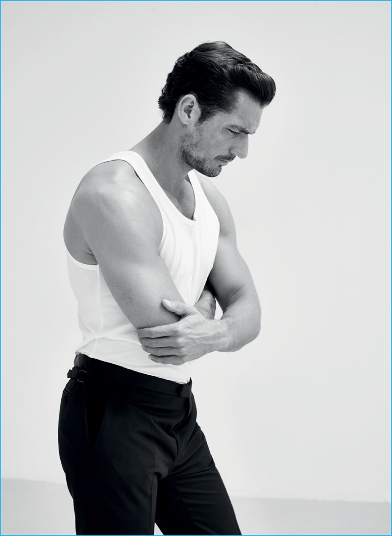 David Gandy pictured in a Calvin Klein tank with Lanvin trousers for GQ Turkey.