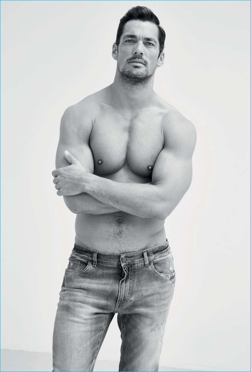 Wearing distressed denim jeans, David Gandy goes shirtless for his GQ Turkey photo shoot.