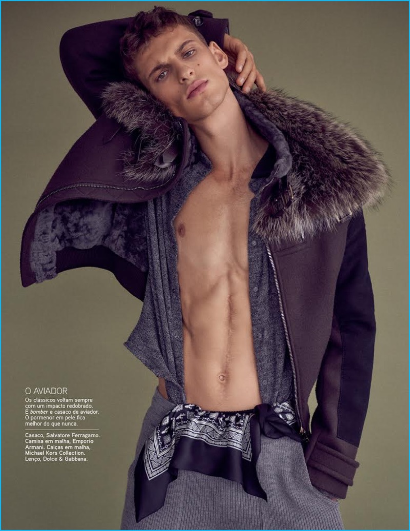David Trulik rocks a fur lined Salvatore Ferragamo jacket with an Emporio Armani knit and Dolce & Gabbana pants.