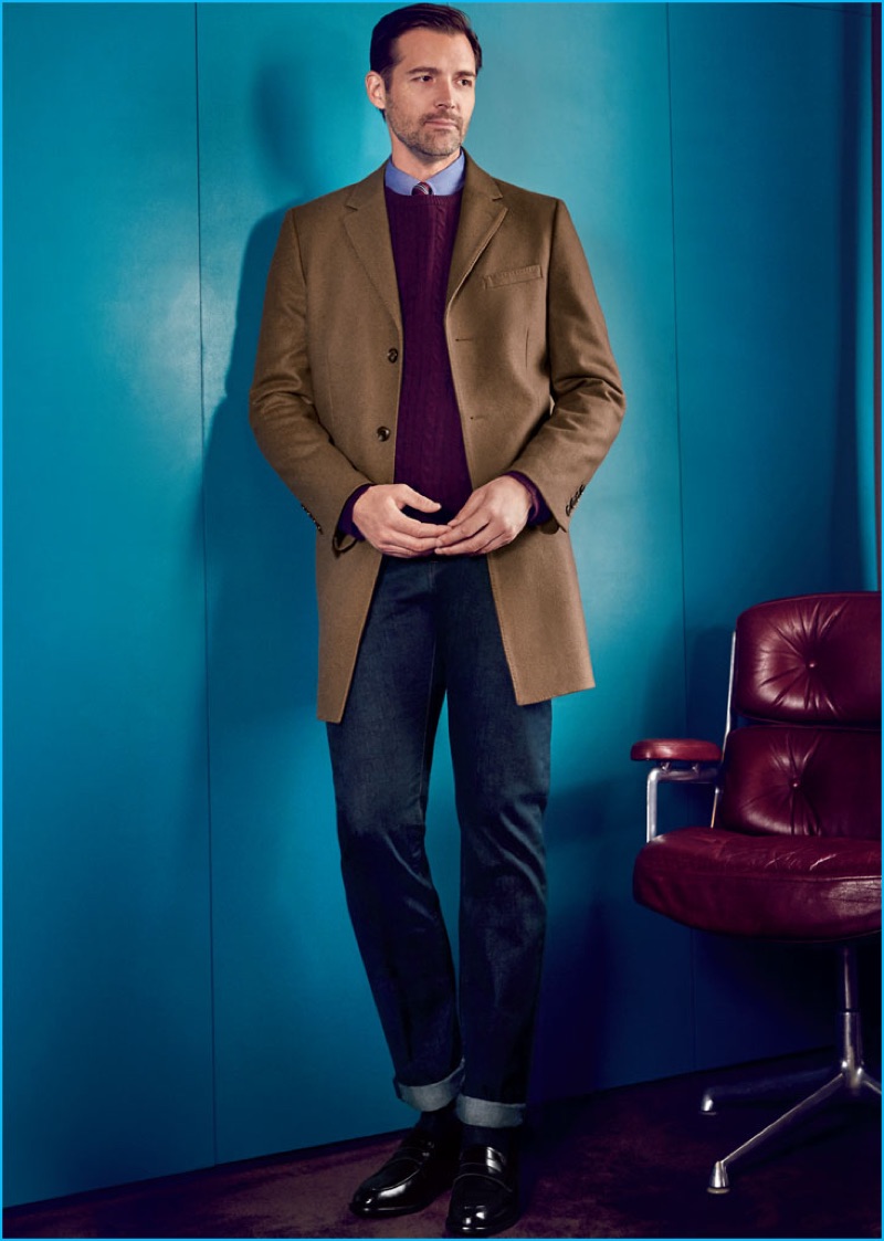 Patrick Grant pictured in a single-breasted brown coat with denim jeans from Hammond & Co. by Patrick Grant's fall-winter 2016 collection.