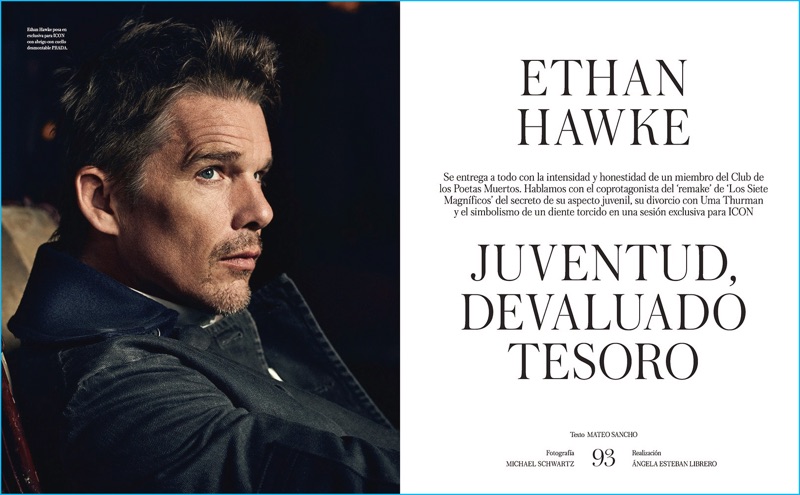 Ethan Hawke pictured in Prada for the pages of Icon El País.