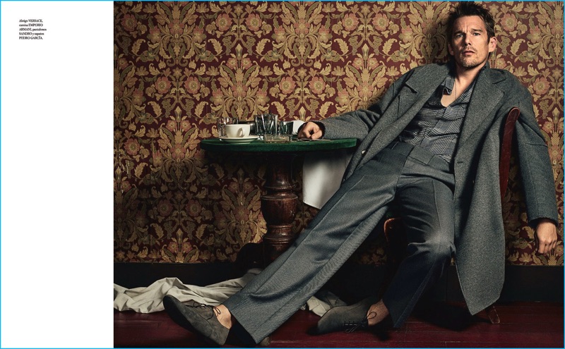 Ethan Hawke is a chic vision in a Versace coat with an Emporio Armani shirt, Sandro trousers, and Pedro Garcia shoes for Icon El País.