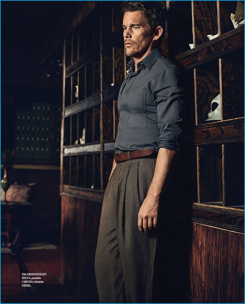 Ethan Hawke embraces an old time flair in an Ermenegildo Zegna shirt with Caruso pants and a brown leather Diesel belt for Icon El País.