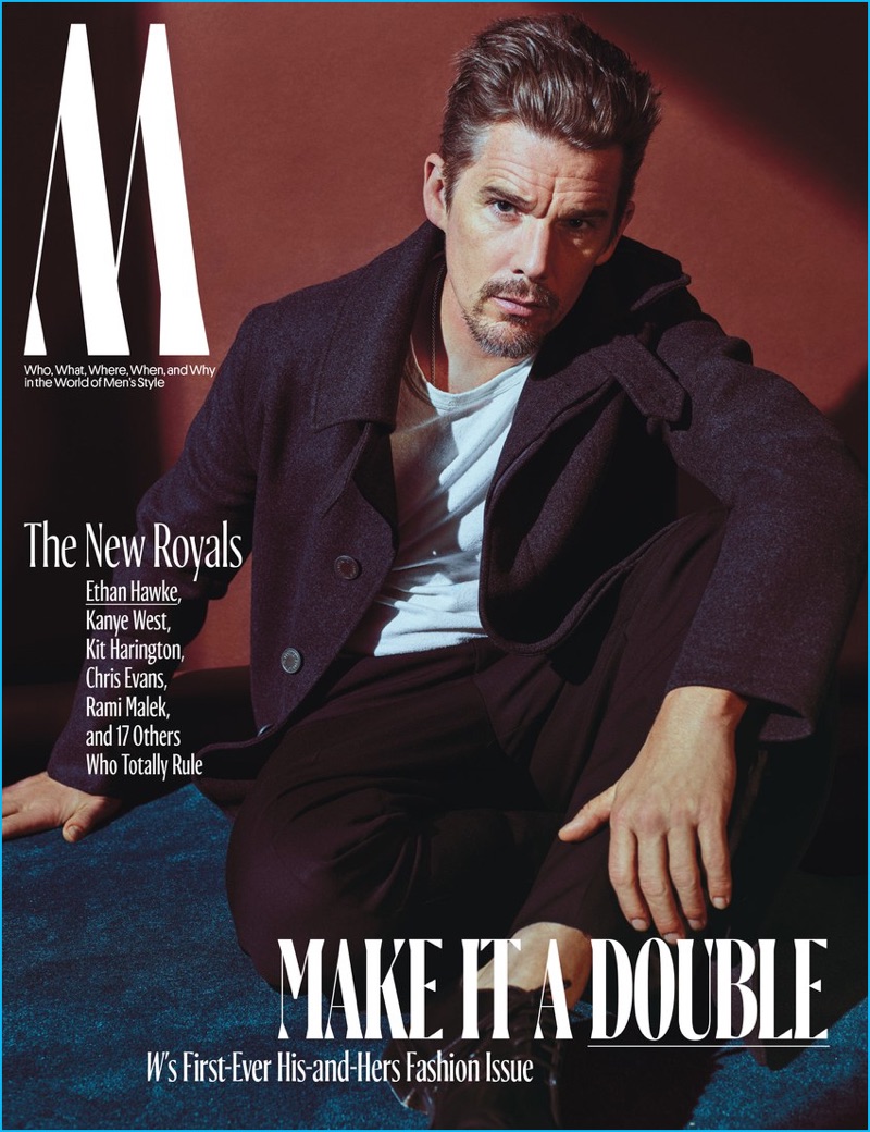Ethan Hawke covers W magazine in a Louis Vuitton coat with a Simon Miller t-shirt, Ami trousers, and Church's shoes.