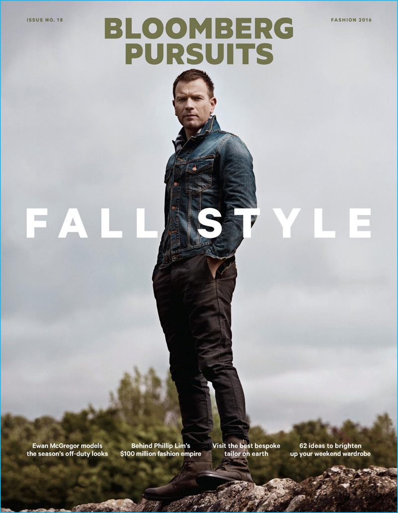 Ewan McGregor covers the fall 2016 edition of Bloomberg Pursuits in a Nudie Jeans denim jacket, Alternative Apparel henley, Fabric Brand pants, Burberry London scarf, and O'Keeffe boots.