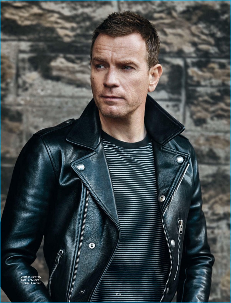 Ewan McGregor is a cool vision in a Tom Ford leather biker jacket with a striped t-shirt from Saint Laurent.