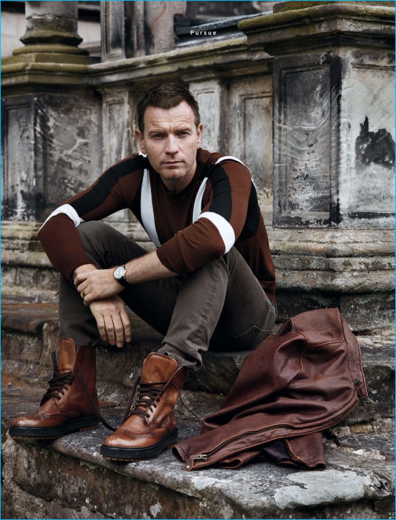 Ewan McGregor makes a rich fall statement in a Neil Barrett sweater with Tom Ford corduroy pants, a leather jacket by Scott and a Hermes watch with Tod's boots.