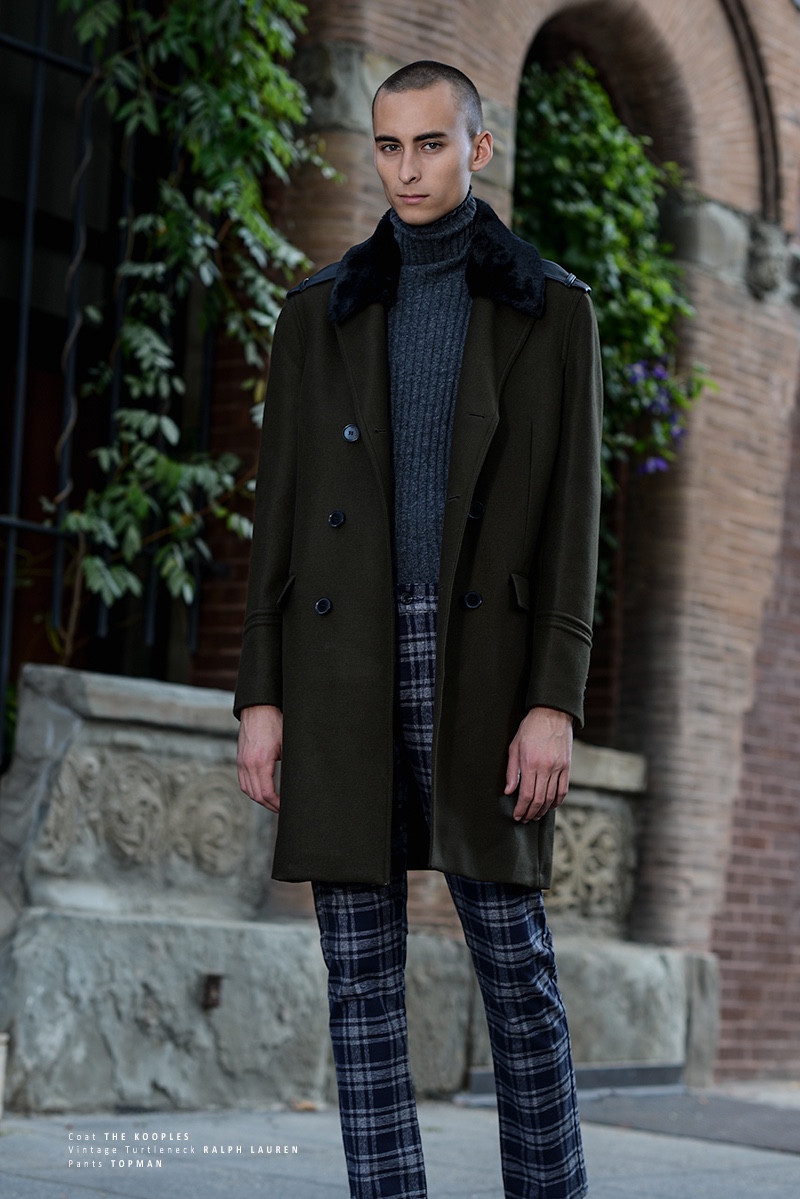 Hunter wears jacket The Kooples, vintage turtleneck Ralph Lauren, and plaid trousers Topman.