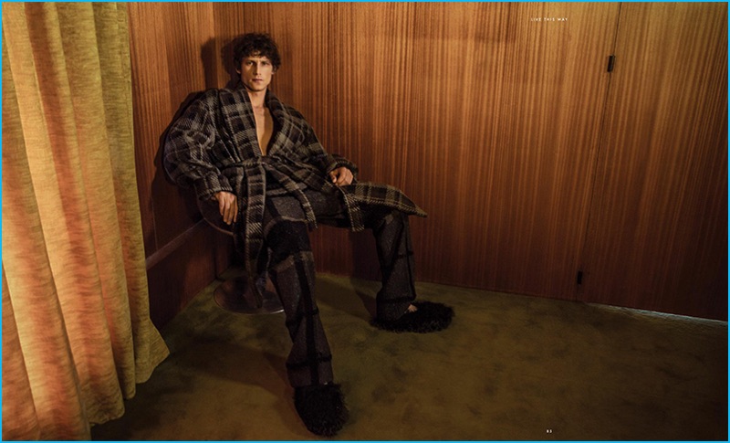 Roch Barbot dons a relaxed pajama-inspired plaid number from Fendi's fall-winter 2016 collection for Essential Homme.