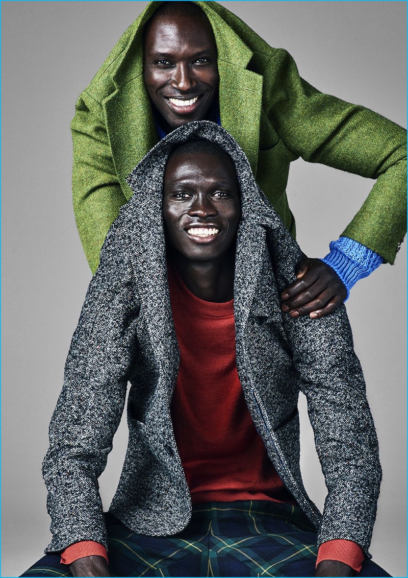 Armando Cabral wears green jacket Ascot Chang and blue sweater Moncler. Fernando Cabral wears tweed jacket Perry Ellis, sweater Paul Smith, and plaid trousers Polo Ralph Lauren.