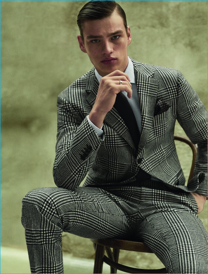 Filip Hrivnak embraces a classic houndstooth print in a Salvatore Ferragamo suit.