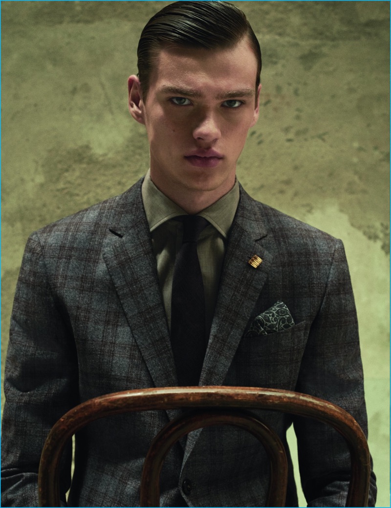 Filip Hrivnak dons a check suit from Hackett London for Codigo Unico.